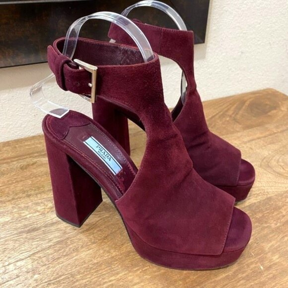 PRADA Burgundy Suede Strappy Slingback Platform Heel Sandals Sze 36.5 - Picture 1 of 10